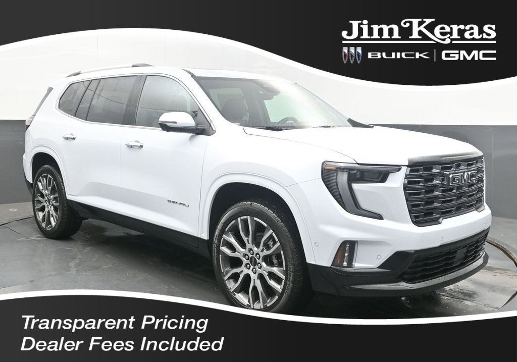 2026 GMC Acadia Denali Ultimate in Glacier White Tricoat — front three-quarter view