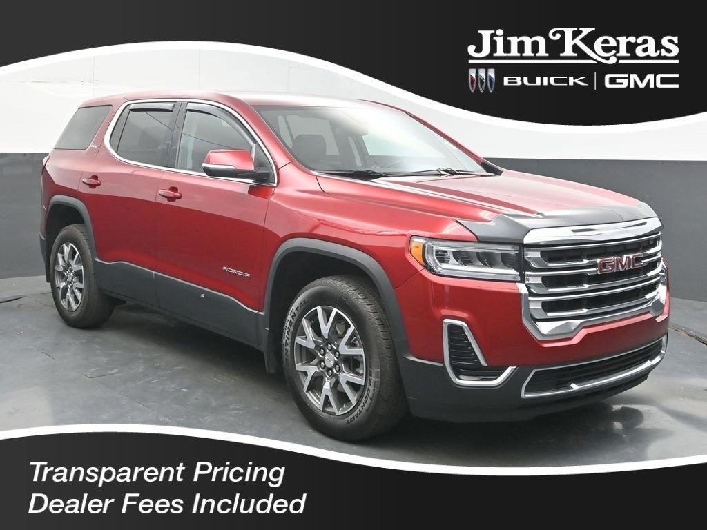 2023 GMC Acadia SLE in Volcanic Red Tintcoat — front three-quarter view
